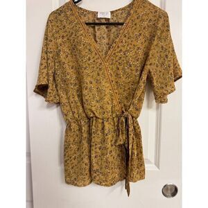 Sienna Sky Wrap Tie Blouse Yellow Floral Work Dress Shirt Business Casual Medium